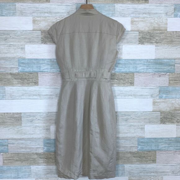 Calvin Klein Linen Tie Waist Safari Midi Shirt Dress Beige Button Down Womens 2 - Picture 6 of 10